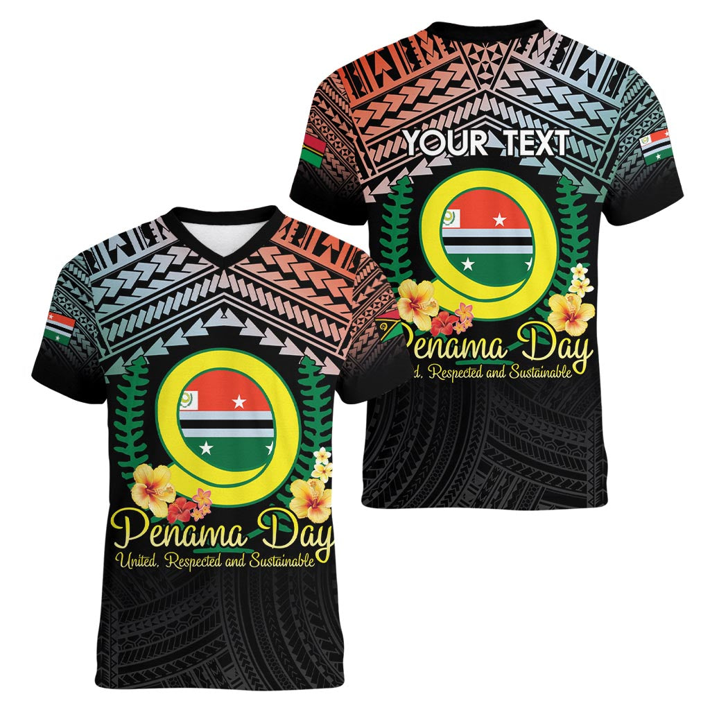 Personalised Penama Day Women V-Neck T-Shirt Vanuatu Provinces Polynesian Pattern