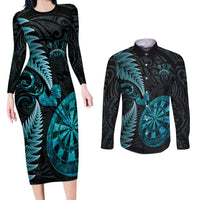 Personalised New Zealand Darts Couples Matching Long Sleeve Bodycon Dress and Long Sleeve Button Shirt Happiness Is A Tight Threesome Maori Paua Shell