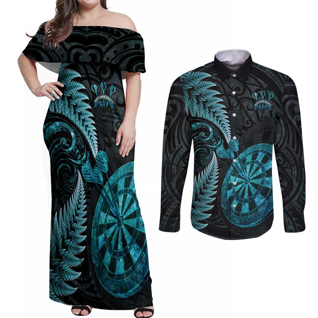 Personalised New Zealand Darts Couples Matching Off Shoulder Maxi Dress and Long Sleeve Button Shirt Happiness Is A Tight Threesome Maori Paua Shell