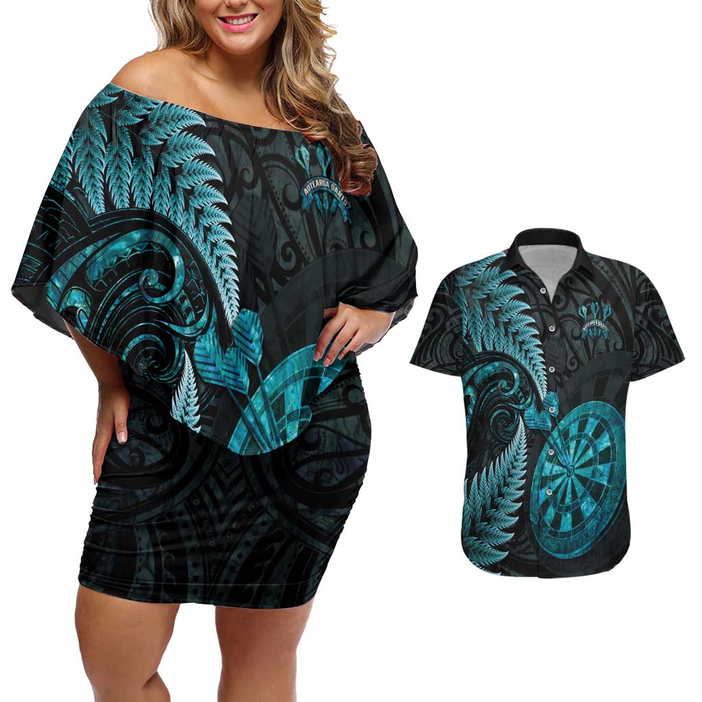Personalised New Zealand Darts Couples Matching Off Shoulder Short Dress and Hawaiian Shirt Happiness Is A Tight Threesome Maori Paua Shell