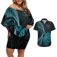 Personalised New Zealand Darts Couples Matching Off Shoulder Short Dress and Hawaiian Shirt Happiness Is A Tight Threesome Maori Paua Shell