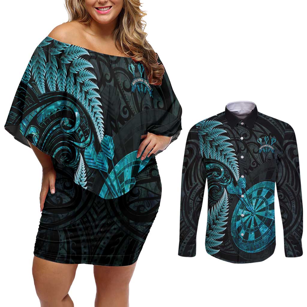 Personalised New Zealand Darts Couples Matching Off Shoulder Short Dress and Long Sleeve Button Shirt Happiness Is A Tight Threesome Maori Paua Shell
