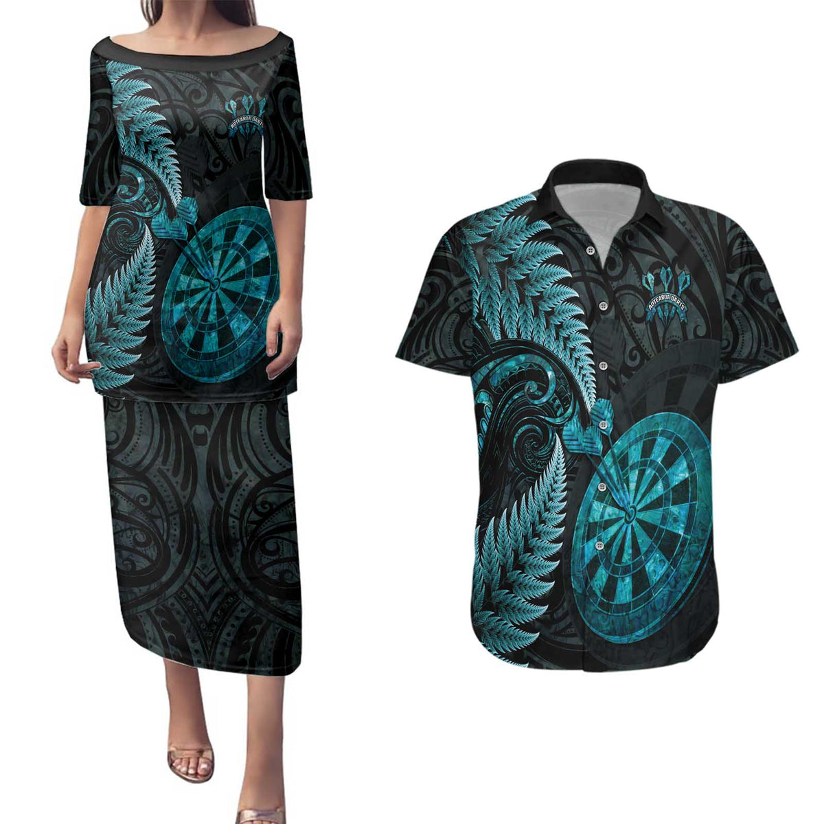 Personalised New Zealand Darts Couples Matching Puletasi and Hawaiian Shirt Happiness Is A Tight Threesome Maori Paua Shell