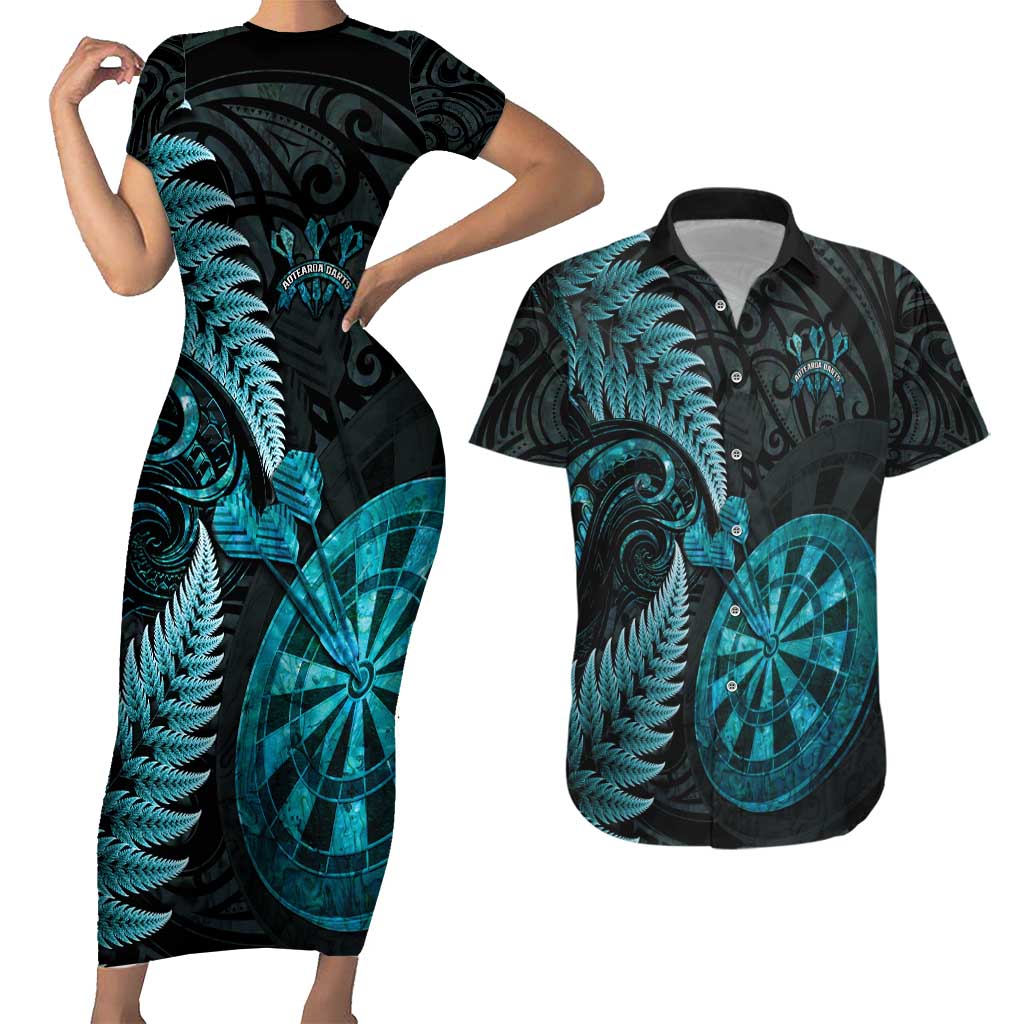 Personalised New Zealand Darts Couples Matching Short Sleeve Bodycon Dress and Hawaiian Shirt Happiness Is A Tight Threesome Maori Paua Shell