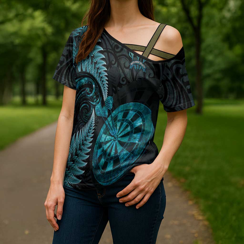 Personalised New Zealand Darts Cross Shoulder Shirt Happiness Is A Tight Threesome Maori Paua Shell - Polynesian Pride