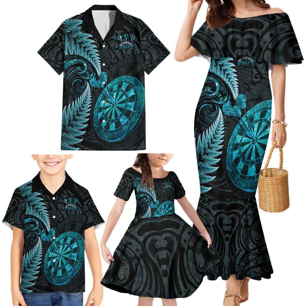 Personalised New Zealand Darts Family Matching Mermaid Dress and Hawaiian Shirt Happiness Is A Tight Threesome Maori Paua Shell