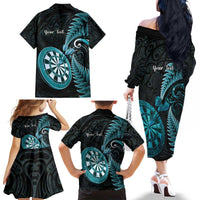 Personalised New Zealand Darts Family Matching Off The Shoulder Long Sleeve Dress and Hawaiian Shirt Happiness Is A Tight Threesome Maori Paua Shell