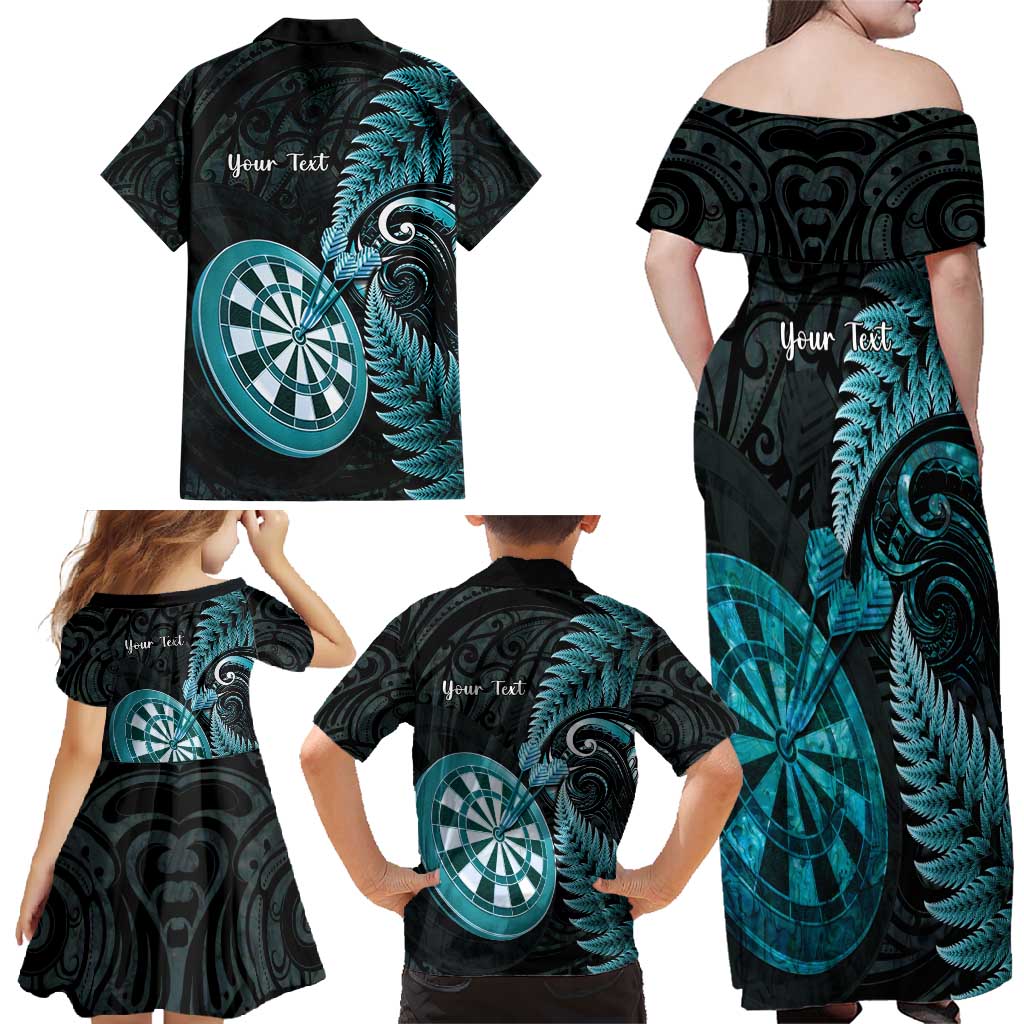 Personalised New Zealand Darts Family Matching Off Shoulder Maxi Dress and Hawaiian Shirt Happiness Is A Tight Threesome Maori Paua Shell