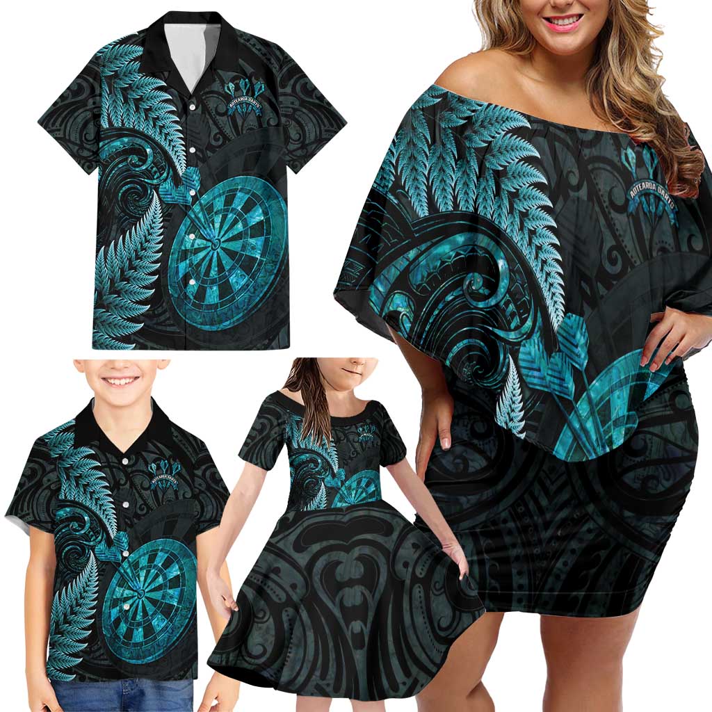 Personalised New Zealand Darts Family Matching Off Shoulder Short Dress and Hawaiian Shirt Happiness Is A Tight Threesome Maori Paua Shell