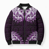 New Zealand Ta Moko Bomber Puffer Jacket Aotearoa Maori Chest Tattoo Purple