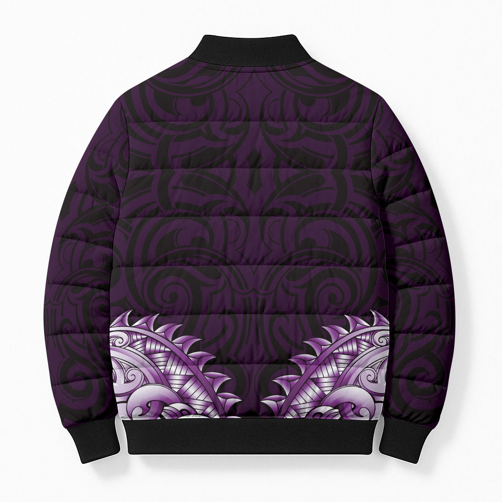 New Zealand Ta Moko Bomber Puffer Jacket Aotearoa Maori Chest Tattoo Purple