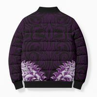 New Zealand Ta Moko Bomber Puffer Jacket Aotearoa Maori Chest Tattoo Purple