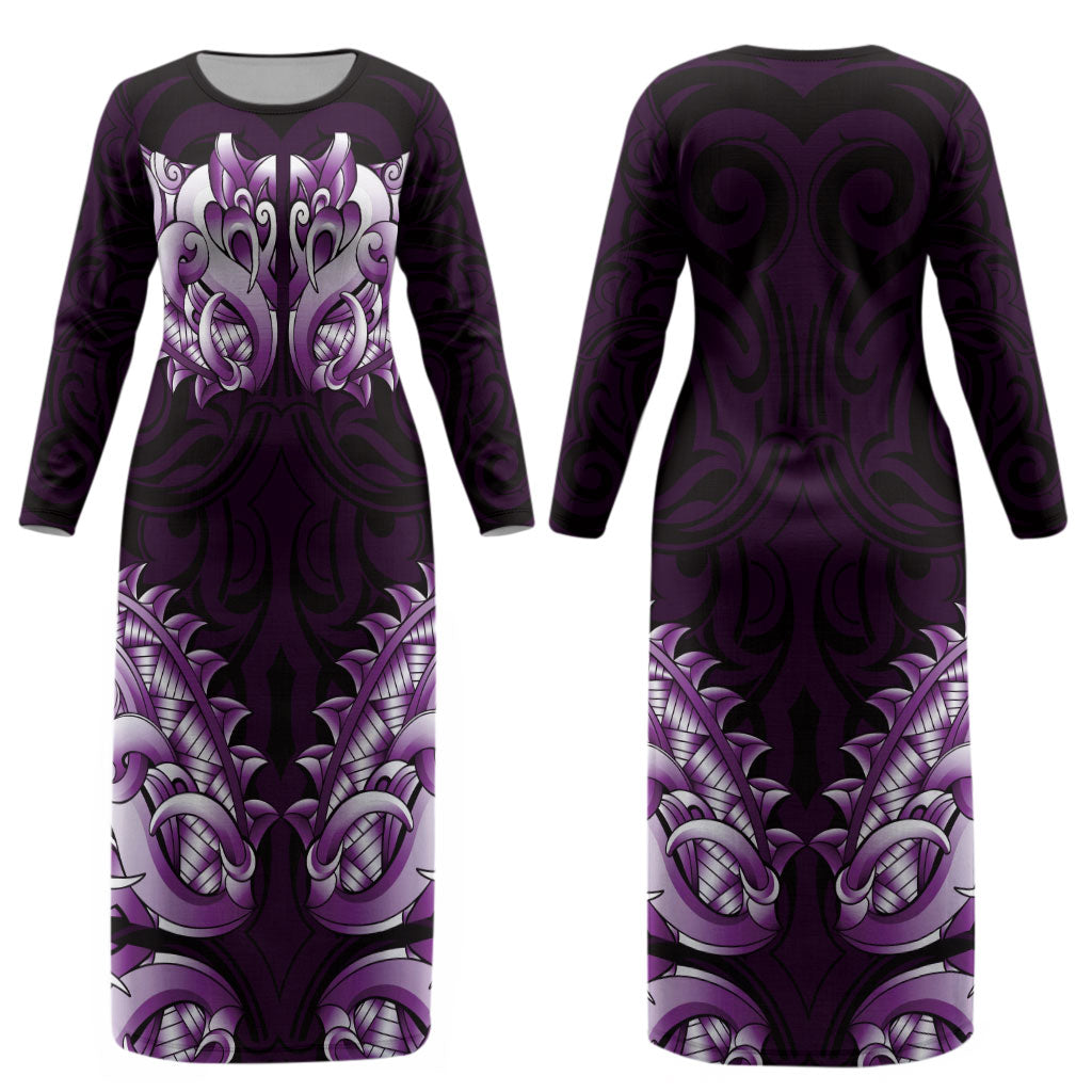 New Zealand Ta Moko Couples Matching Long Sleeve Bodycon Dress and Hawaiian Shirt Aotearoa Maori Chest Tattoo Purple