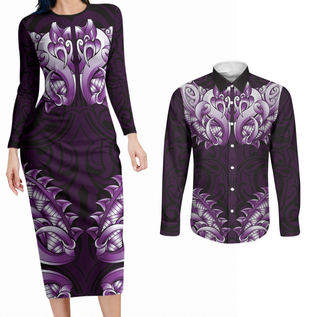 New Zealand Ta Moko Couples Matching Long Sleeve Bodycon Dress and Long Sleeve Button Shirt Aotearoa Maori Chest Tattoo Purple