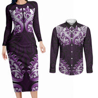 New Zealand Ta Moko Couples Matching Long Sleeve Bodycon Dress and Long Sleeve Button Shirt Aotearoa Maori Chest Tattoo Purple