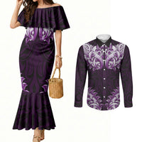New Zealand Ta Moko Couples Matching Mermaid Dress and Long Sleeve Button Shirt Aotearoa Maori Chest Tattoo Purple