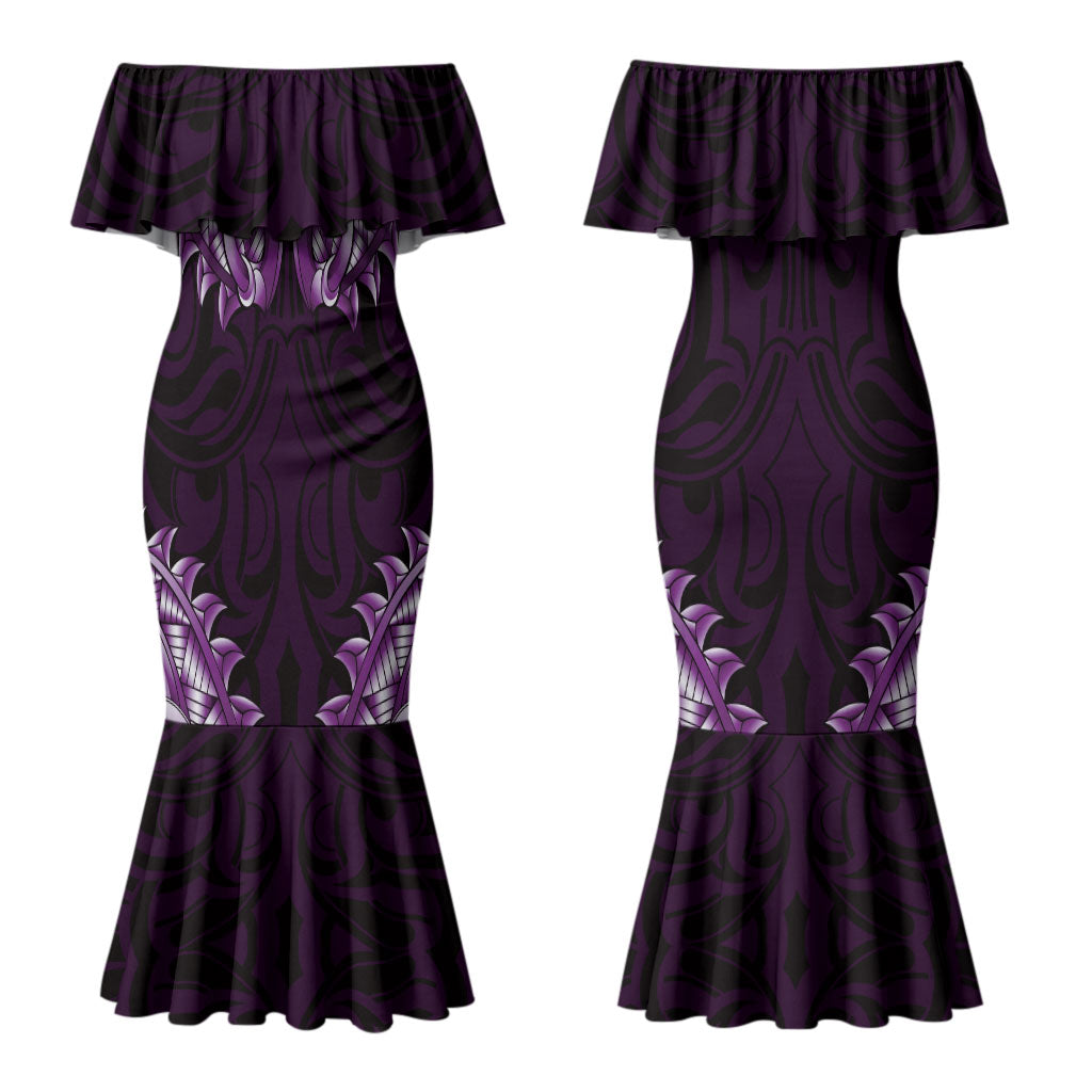 New Zealand Ta Moko Couples Matching Mermaid Dress and Long Sleeve Button Shirt Aotearoa Maori Chest Tattoo Purple