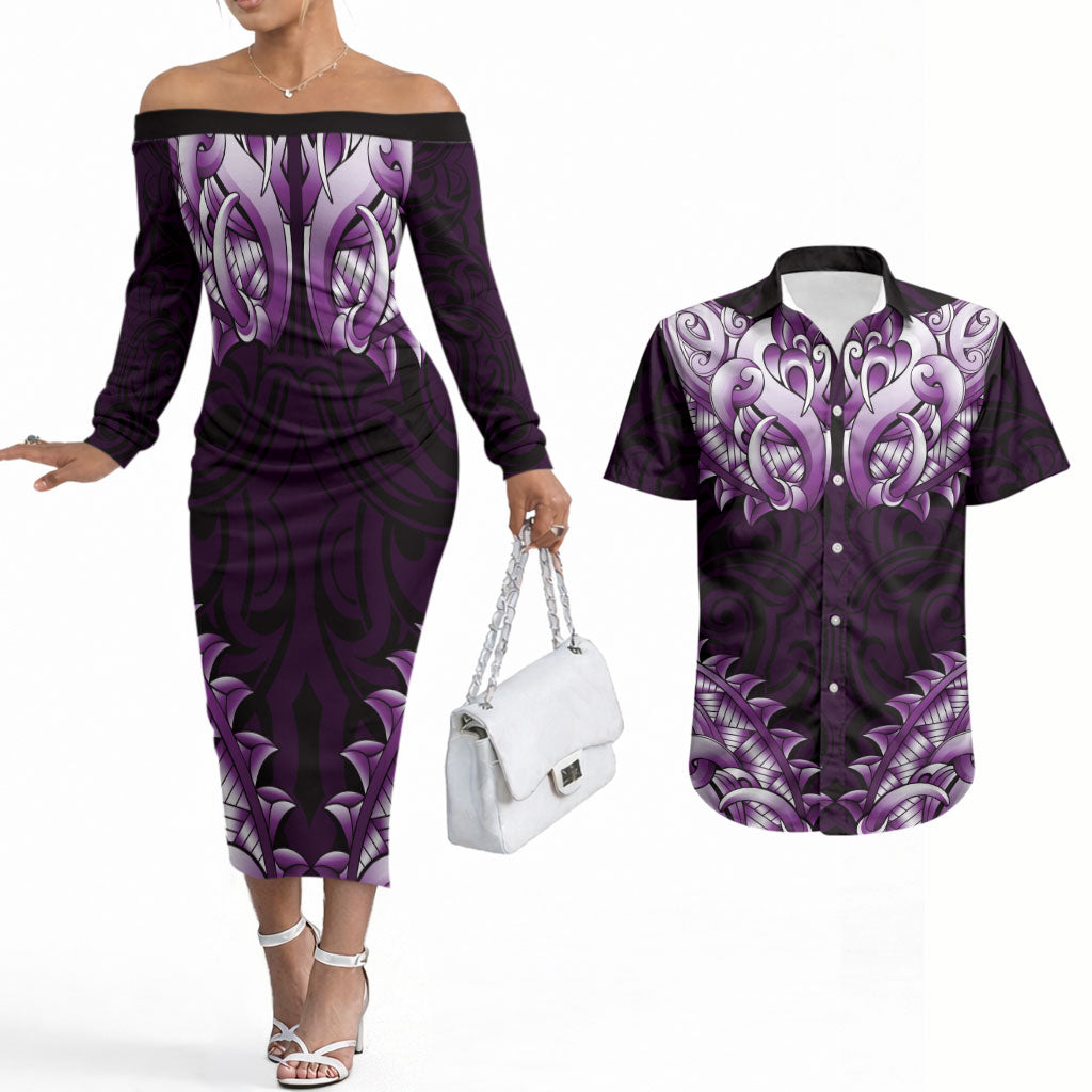 New Zealand Ta Moko Couples Matching Off The Shoulder Long Sleeve Dress and Hawaiian Shirt Aotearoa Maori Chest Tattoo Purple