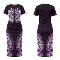 New Zealand Ta Moko Couples Matching Short Sleeve Bodycon Dress and Long Sleeve Button Shirt Aotearoa Maori Chest Tattoo Purple