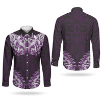 New Zealand Ta Moko Couples Matching Summer Maxi Dress and Long Sleeve Button Shirt Aotearoa Maori Chest Tattoo Purple