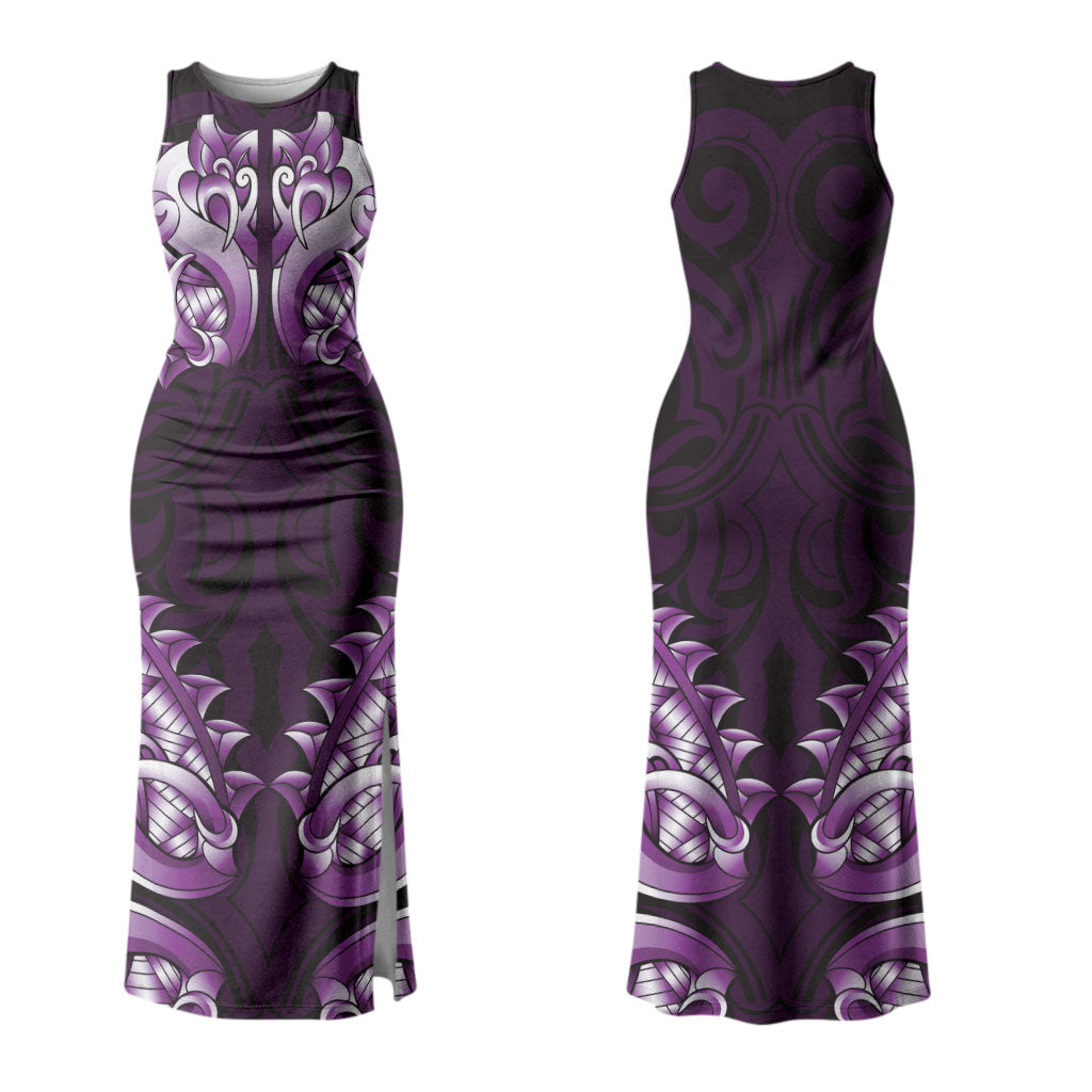New Zealand Ta Moko Couples Matching Tank Maxi Dress and Hawaiian Shirt Aotearoa Maori Chest Tattoo Purple