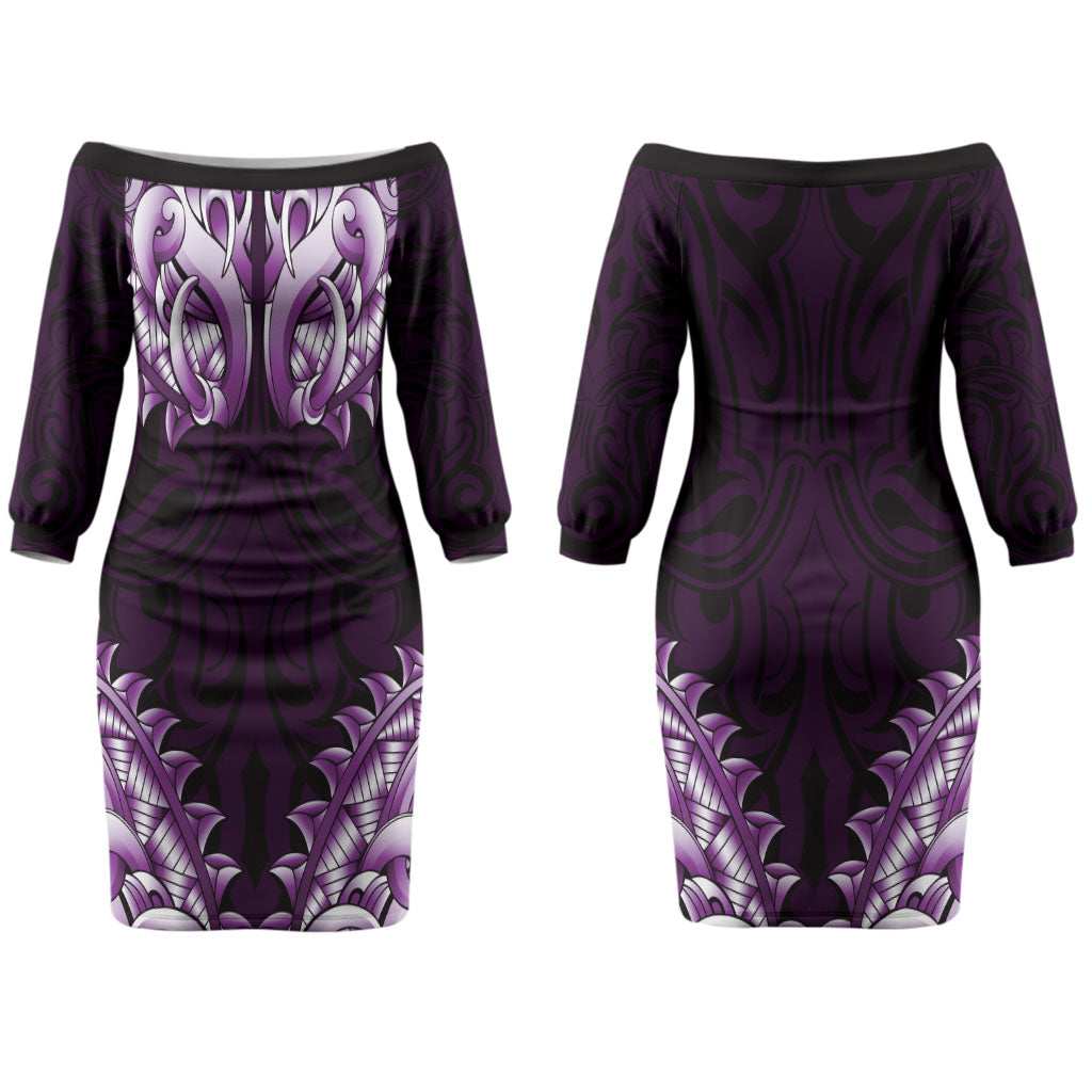 New Zealand Ta Moko Family Matching Off The Shoulder Long Sleeve Dress and Hawaiian Shirt Aotearoa Maori Chest Tattoo Purple