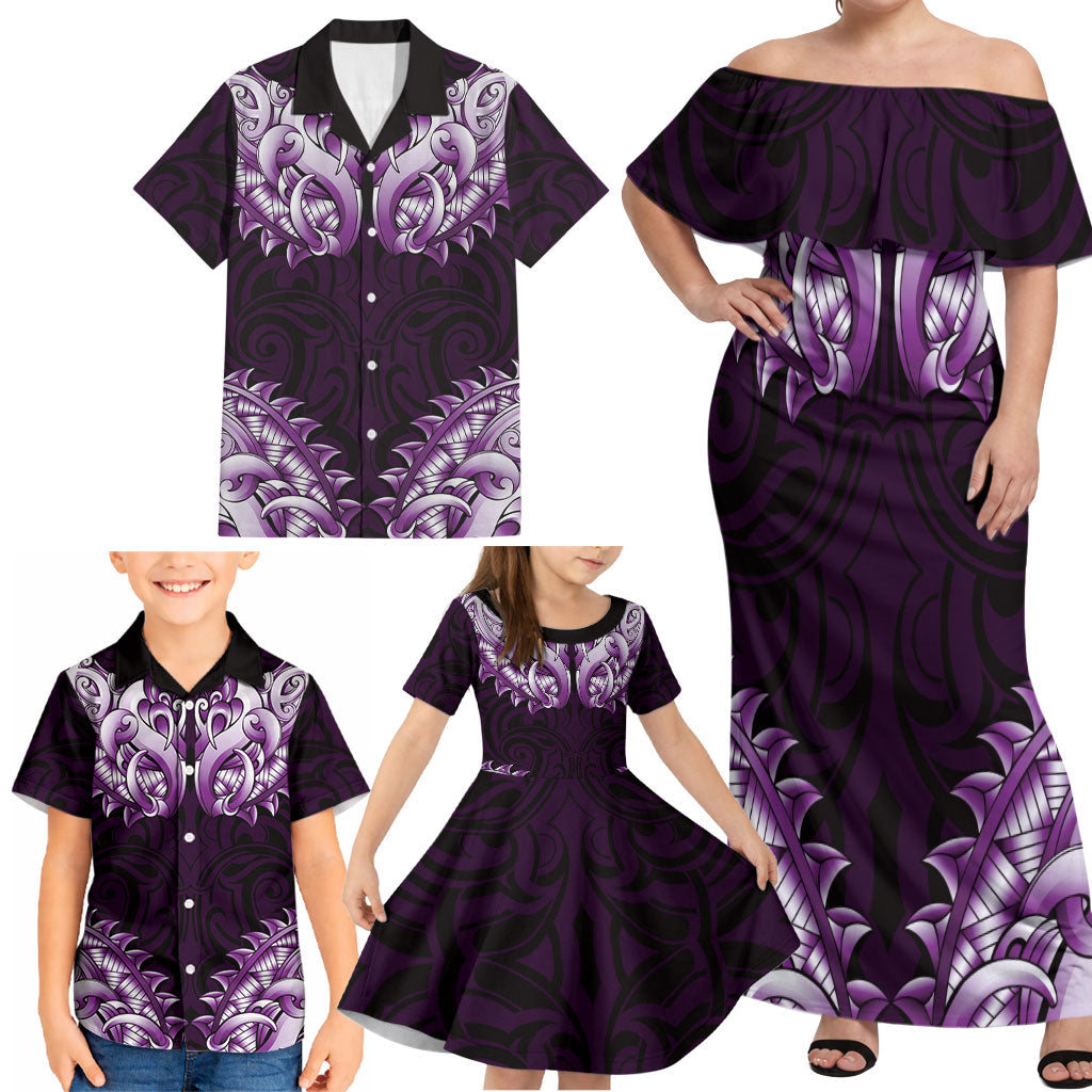 New Zealand Ta Moko Family Matching Off Shoulder Maxi Dress and Hawaiian Shirt Aotearoa Maori Chest Tattoo Purple