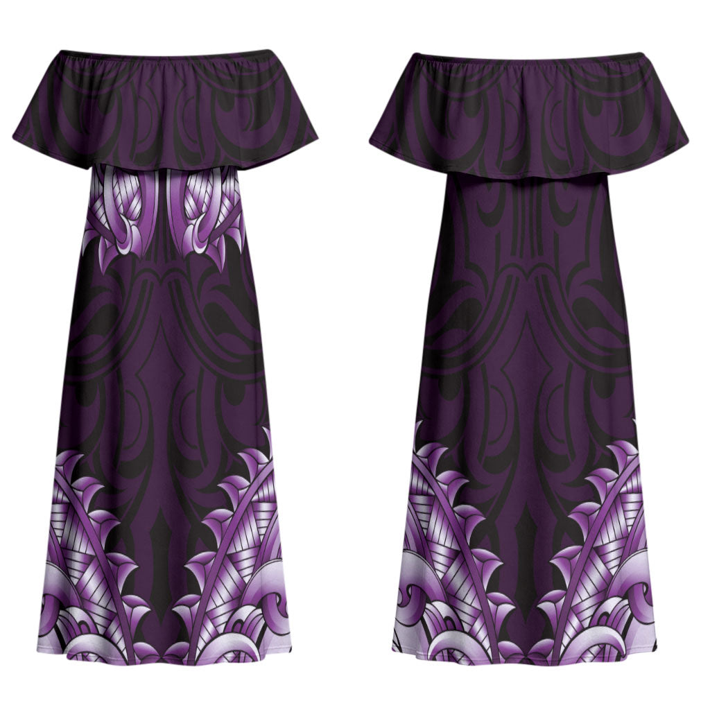 New Zealand Ta Moko Family Matching Off Shoulder Maxi Dress and Hawaiian Shirt Aotearoa Maori Chest Tattoo Purple