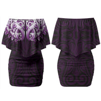 New Zealand Ta Moko Family Matching Off Shoulder Short Dress and Hawaiian Shirt Aotearoa Maori Chest Tattoo Purple