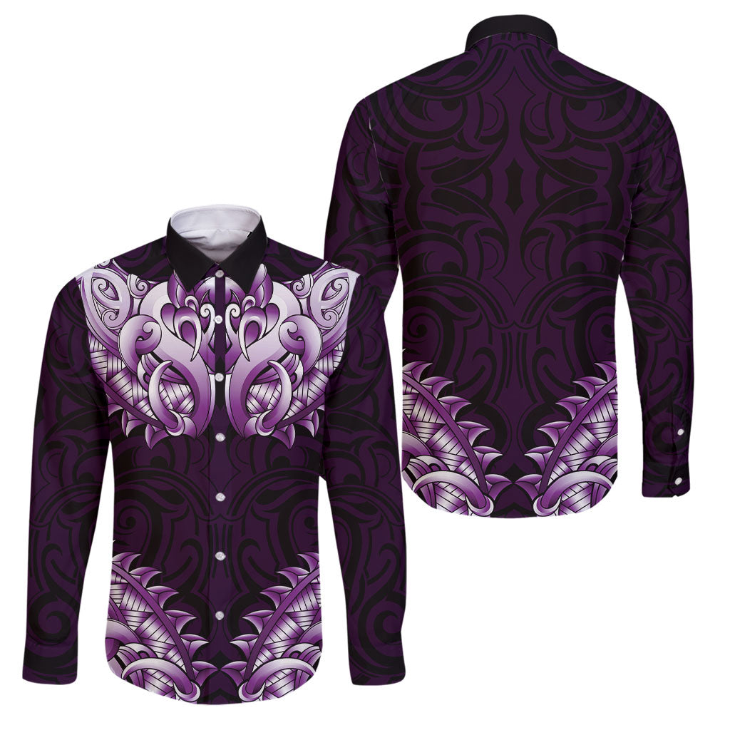 New Zealand Ta Moko Family Matching Off Shoulder Short Dress and Hawaiian Shirt Aotearoa Maori Chest Tattoo Purple