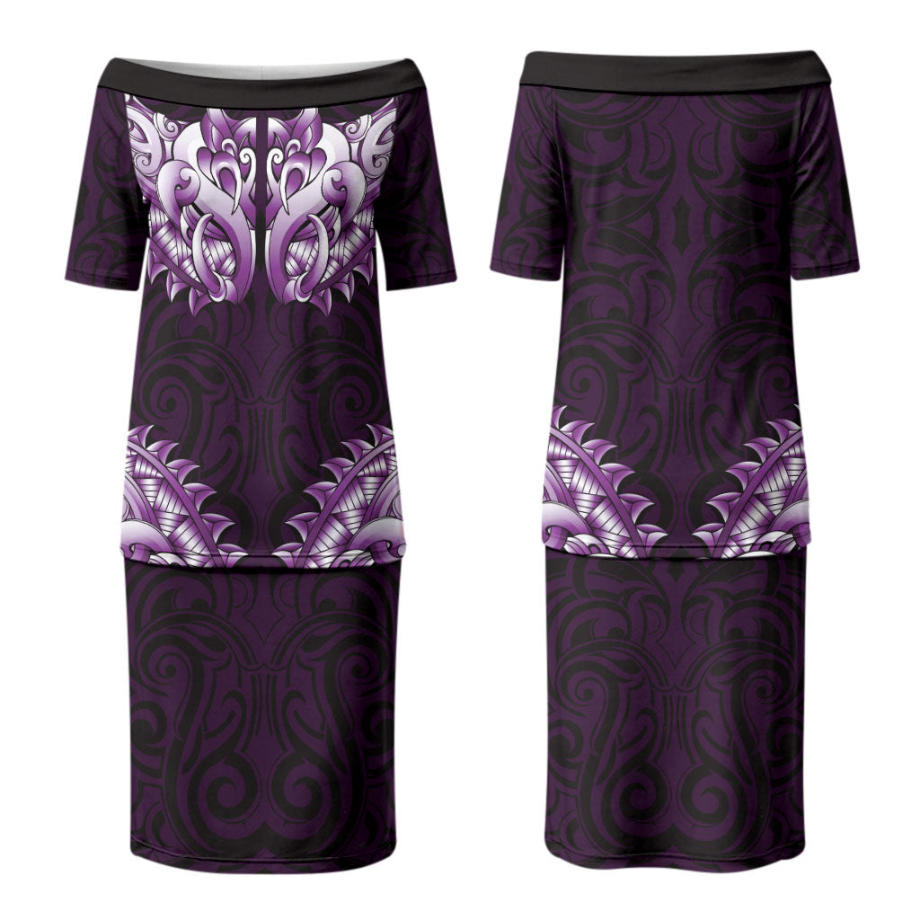 New Zealand Ta Moko Family Matching Puletasi and Hawaiian Shirt Aotearoa Maori Chest Tattoo Purple