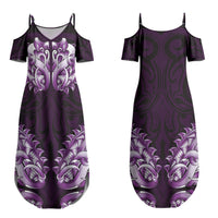 New Zealand Ta Moko Family Matching Summer Maxi Dress and Hawaiian Shirt Aotearoa Maori Chest Tattoo Purple