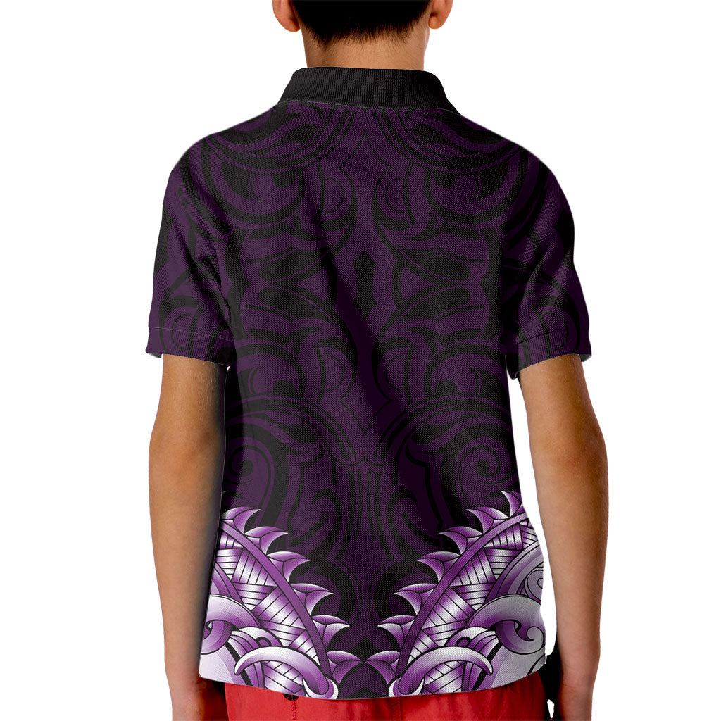 New Zealand Ta Moko Kid Polo Shirt Aotearoa Maori Chest Tattoo Purple