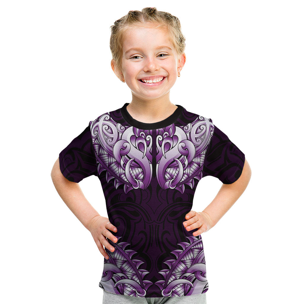 New Zealand Ta Moko Kid T Shirt Aotearoa Maori Chest Tattoo Purple