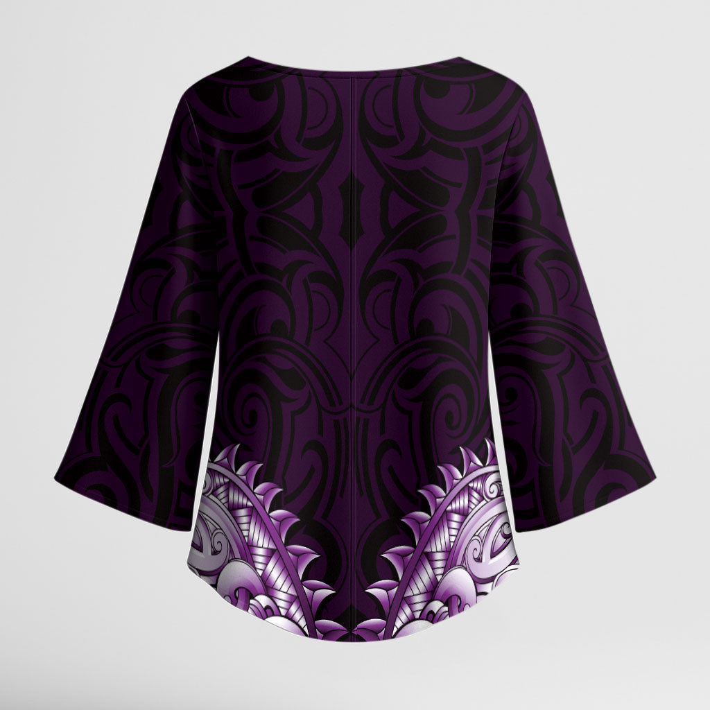 New Zealand Ta Moko Kimono Sleeve Blouse Aotearoa Maori Chest Tattoo Purple