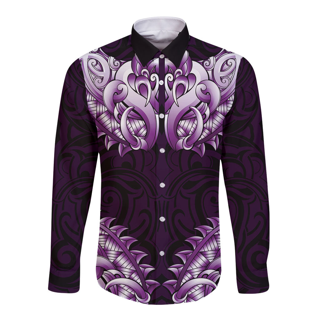 New Zealand Ta Moko Long Sleeve Button Shirt Aotearoa Maori Chest Tattoo Purple