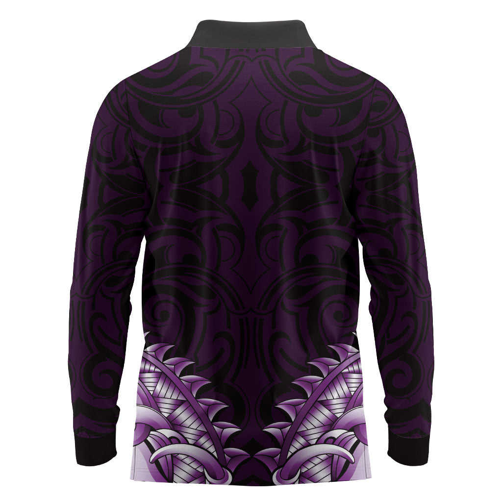New Zealand Ta Moko Long Sleeve Polo Shirt Aotearoa Maori Chest Tattoo Purple