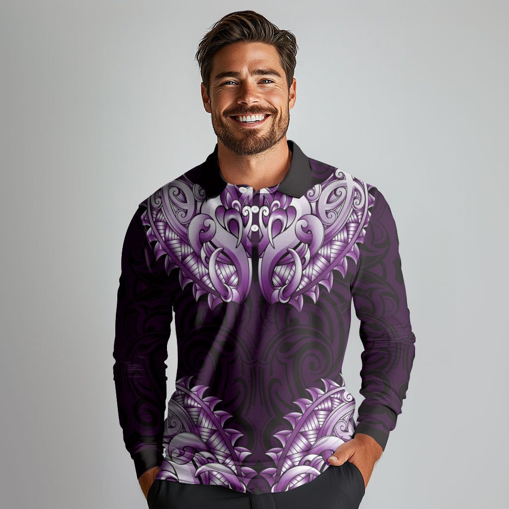 New Zealand Ta Moko Long Sleeve Polo Shirt Aotearoa Maori Chest Tattoo Purple