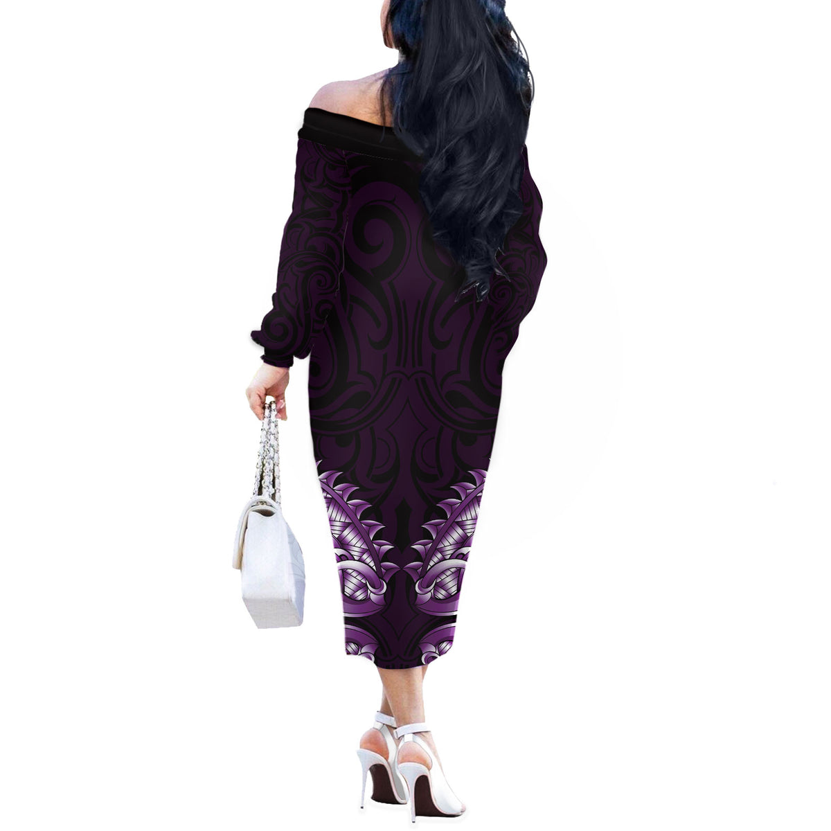 New Zealand Ta Moko Off The Shoulder Long Sleeve Dress Aotearoa Maori Chest Tattoo Purple