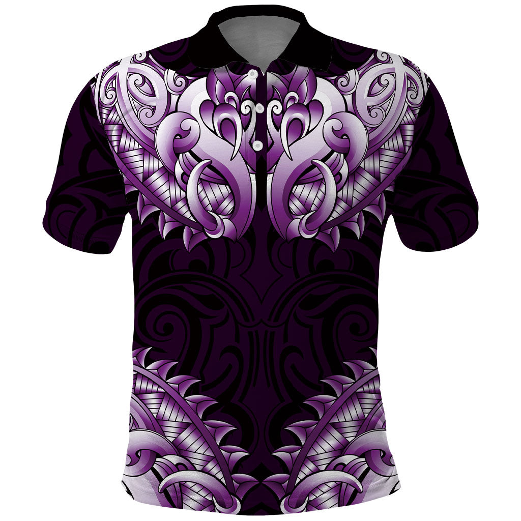 New Zealand Ta Moko Polo Shirt Aotearoa Maori Chest Tattoo Purple