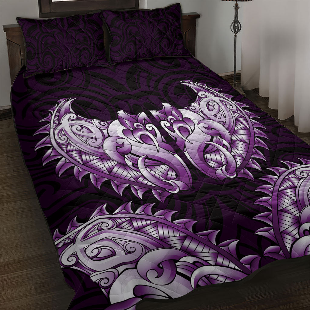 New Zealand Ta Moko Quilt Bed Set Aotearoa Maori Chest Tattoo Purple
