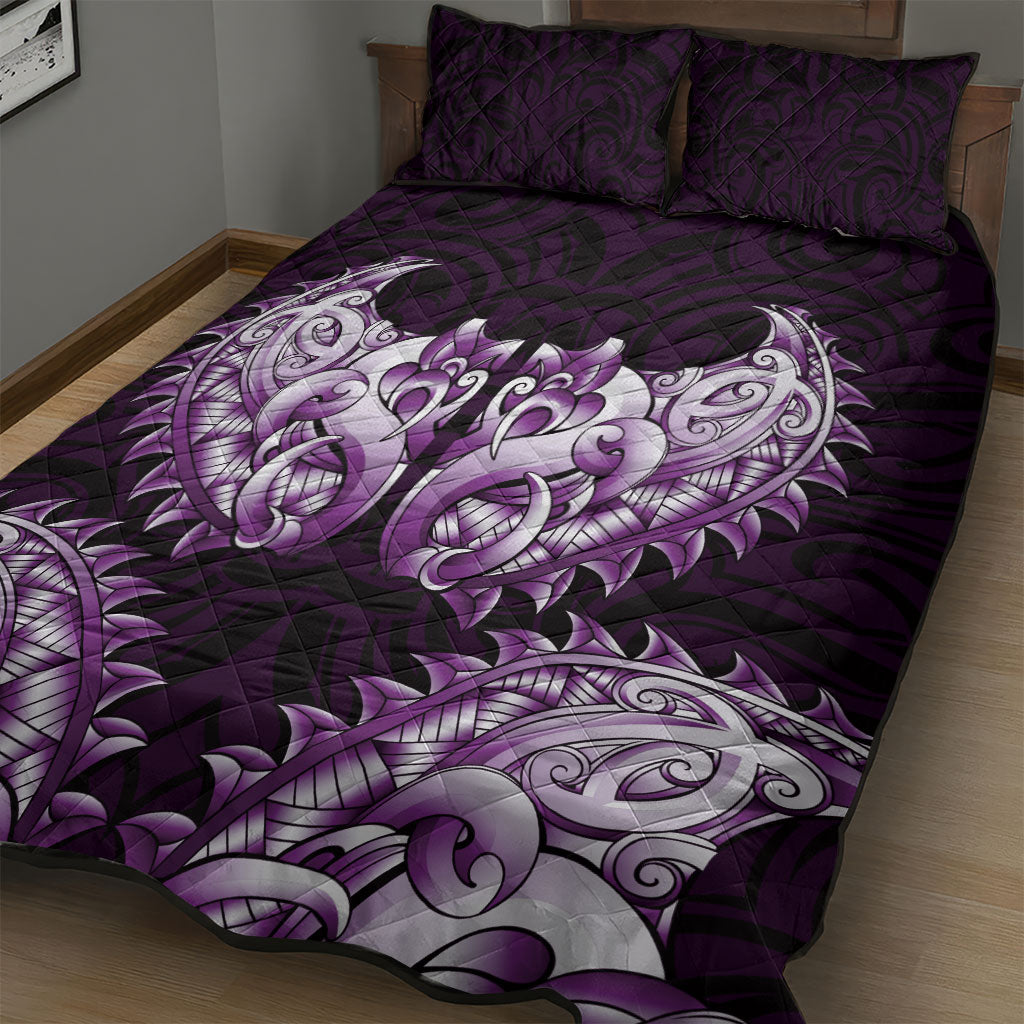 New Zealand Ta Moko Quilt Bed Set Aotearoa Maori Chest Tattoo Purple