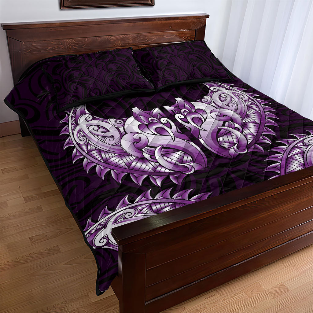 New Zealand Ta Moko Quilt Bed Set Aotearoa Maori Chest Tattoo Purple
