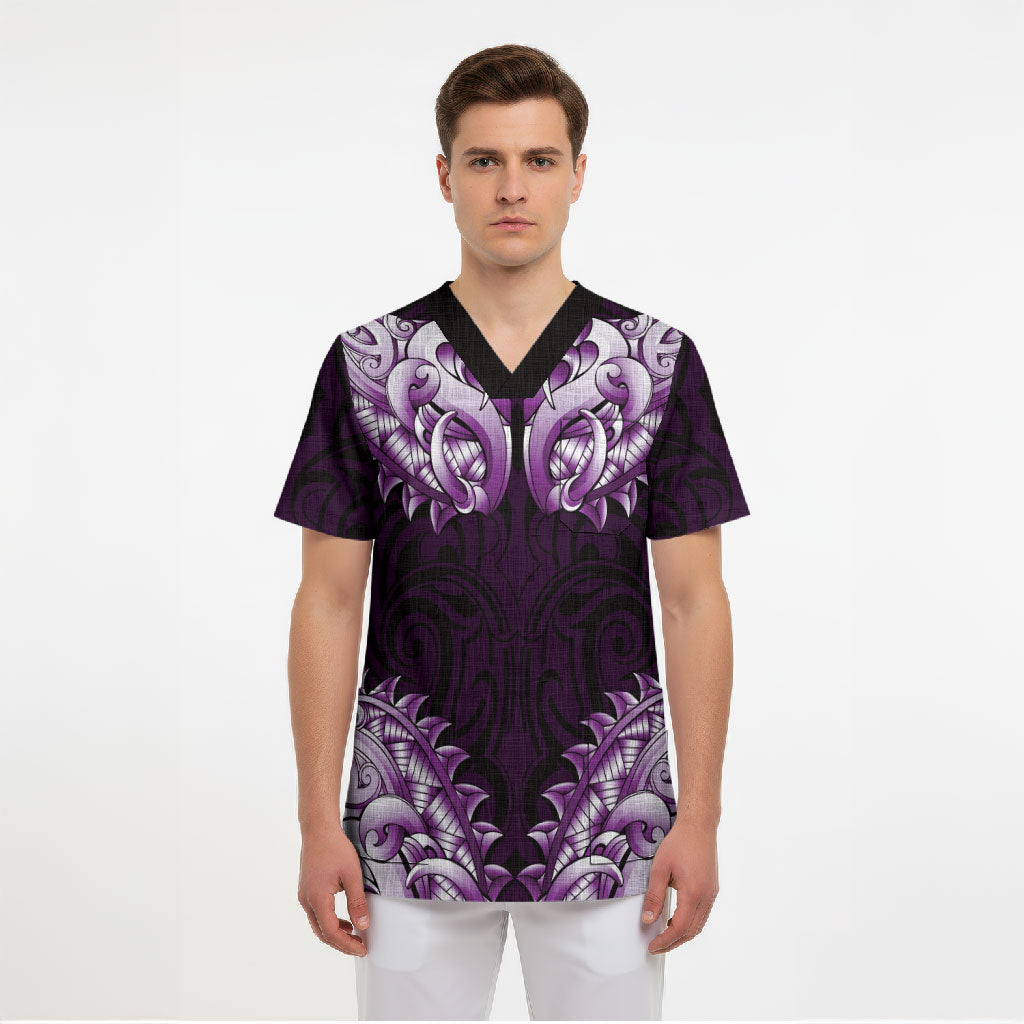 New Zealand Ta Moko Scrub Top Aotearoa Maori Chest Tattoo Purple