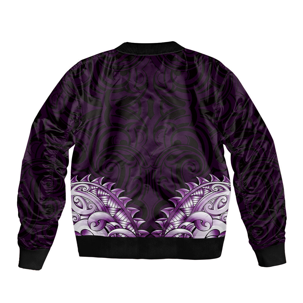 New Zealand Ta Moko Sleeve Zip Bomber Jacket Aotearoa Maori Chest Tattoo Purple