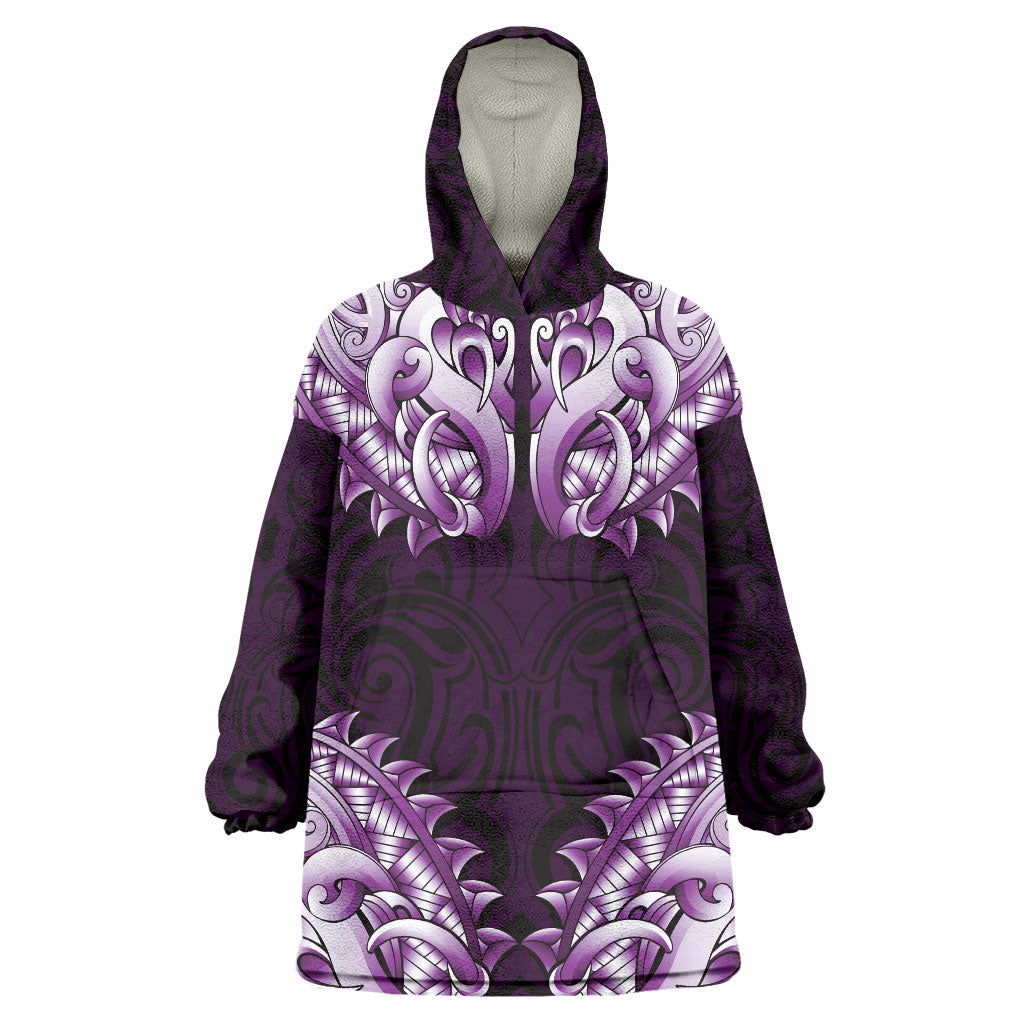 New Zealand Ta Moko Wearable Blanket Hoodie Aotearoa Maori Chest Tattoo Purple