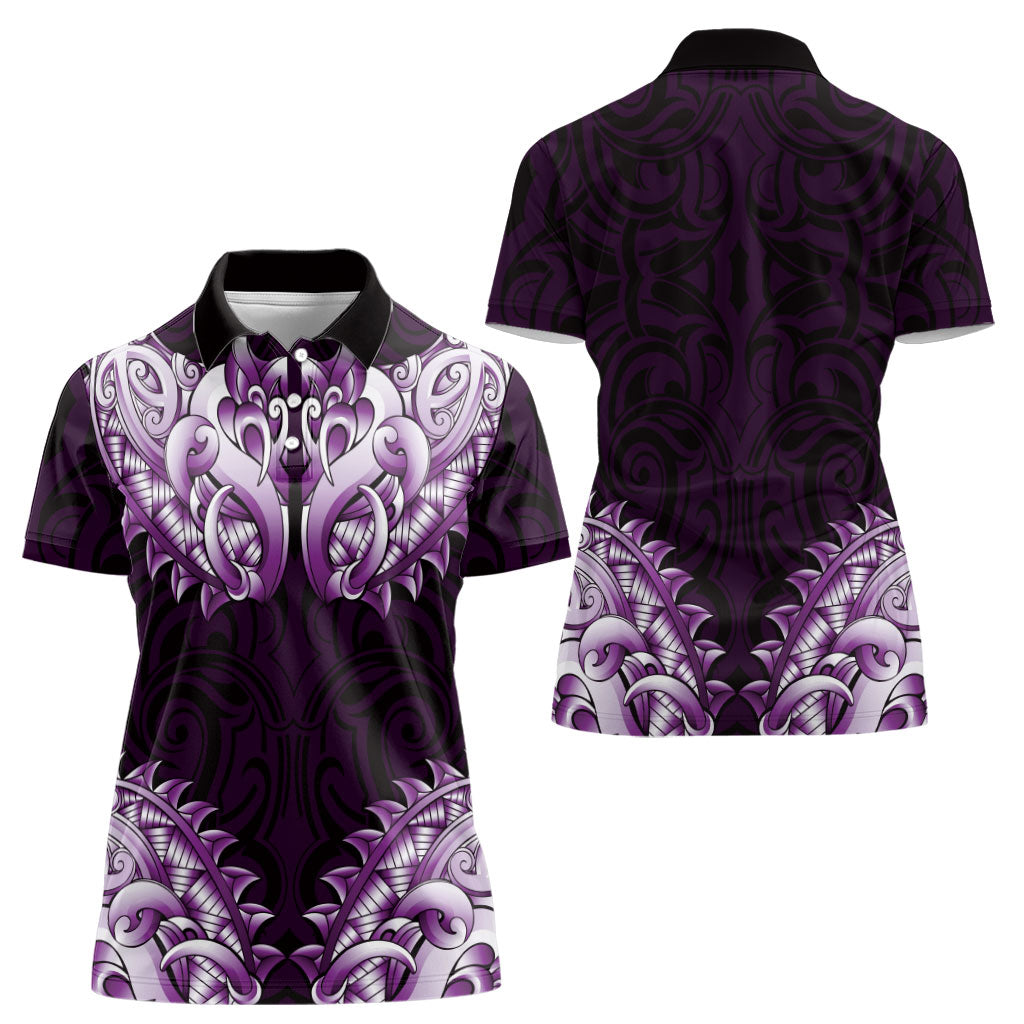 New Zealand Ta Moko Women Polo Shirt Aotearoa Maori Chest Tattoo Purple