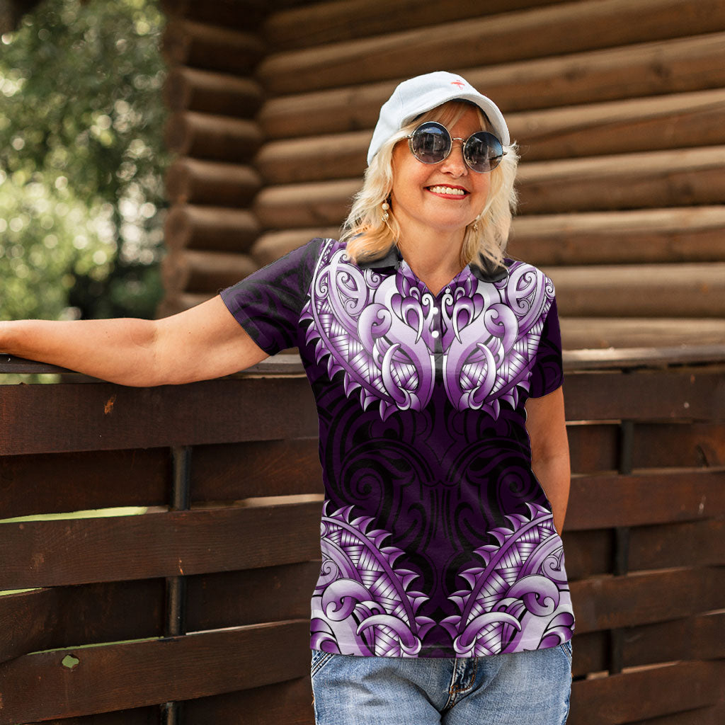 New Zealand Ta Moko Women Polo Shirt Aotearoa Maori Chest Tattoo Purple