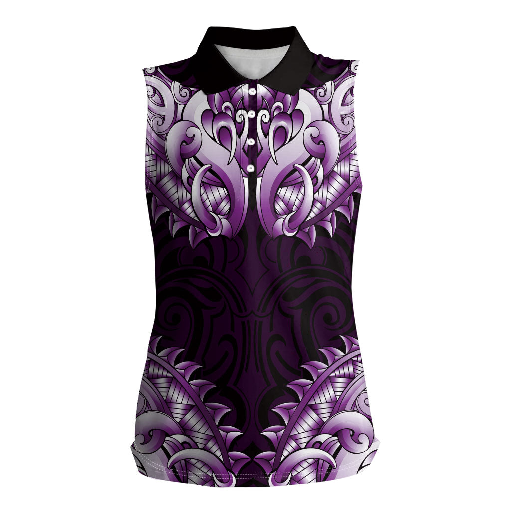 New Zealand Ta Moko Women Sleeveless Polo Shirt Aotearoa Maori Chest Tattoo Purple
