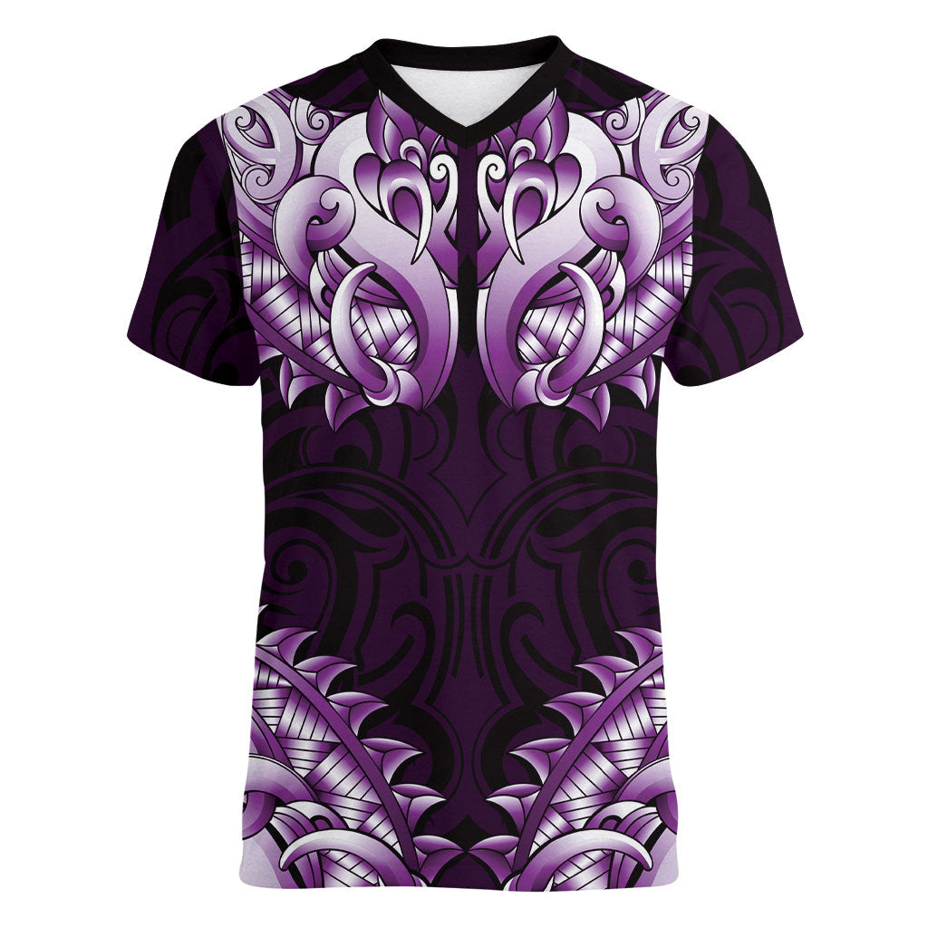 New Zealand Ta Moko Women V-Neck T-Shirt Aotearoa Maori Chest Tattoo Purple